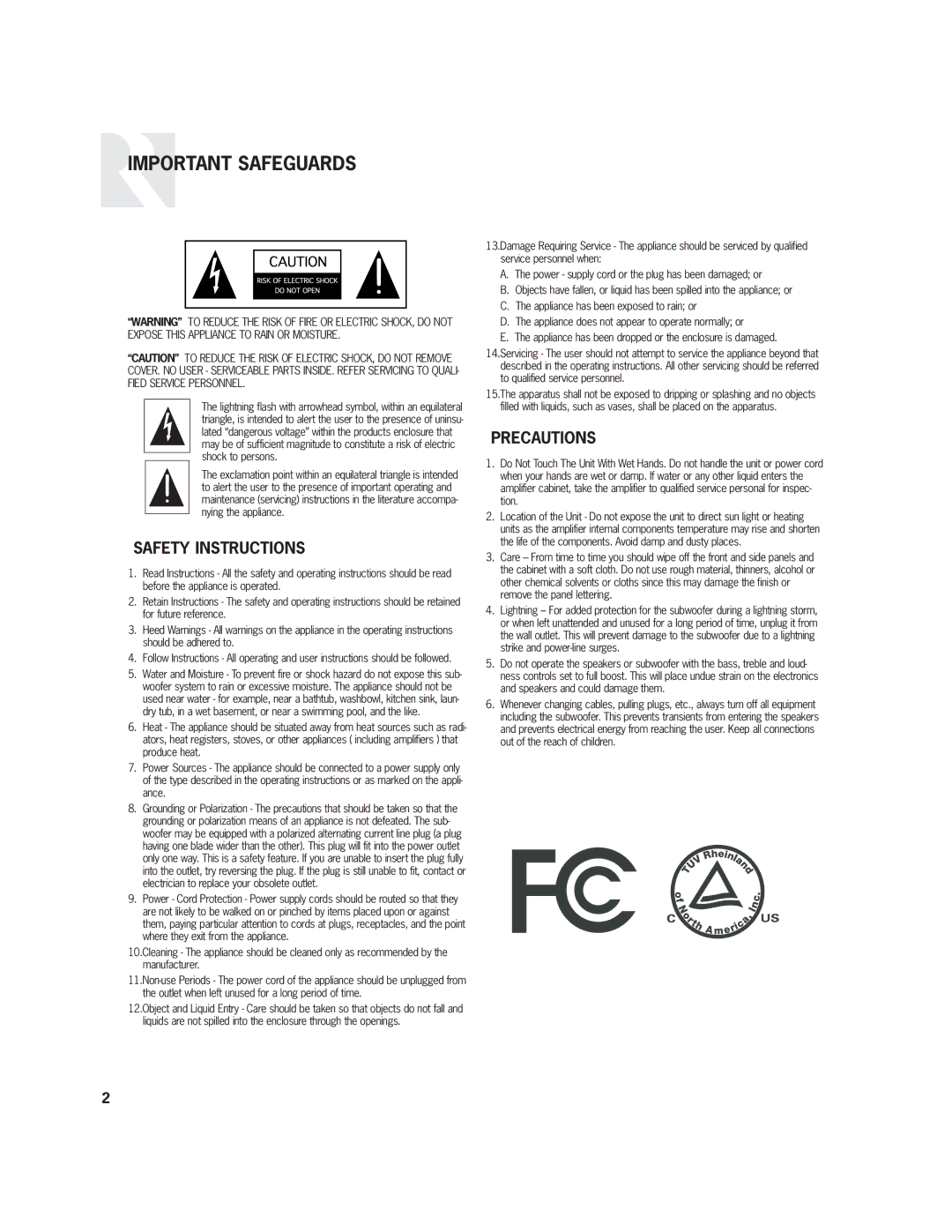 Russound R12DT user manual Important Safeguards, Safety Instructions, Precautions 