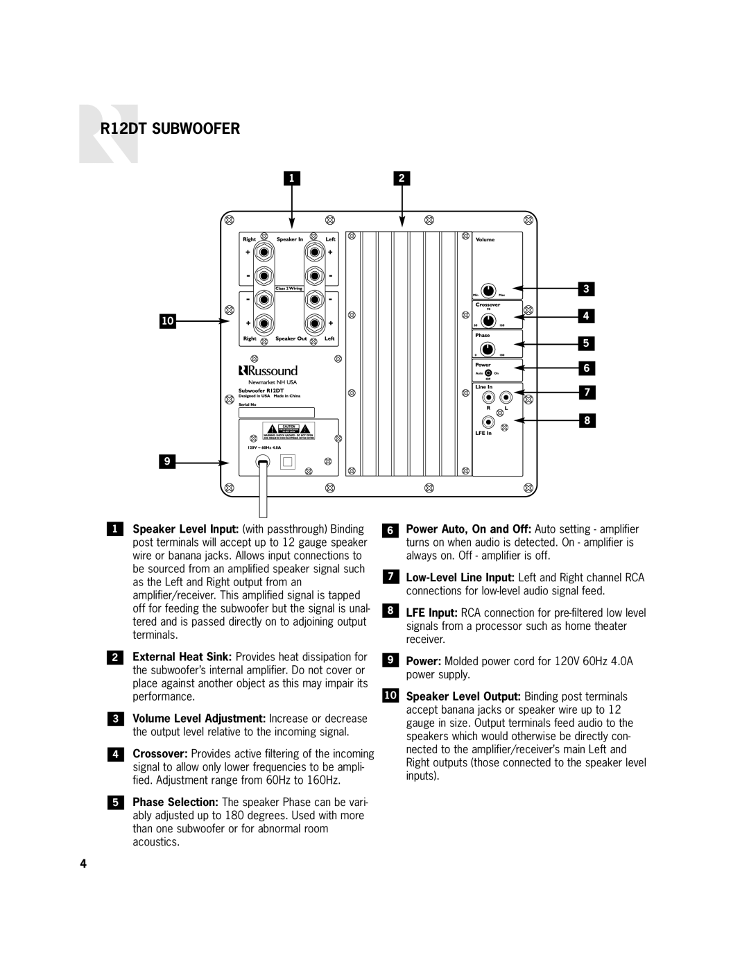 Russound user manual R12DT Subwoofer 