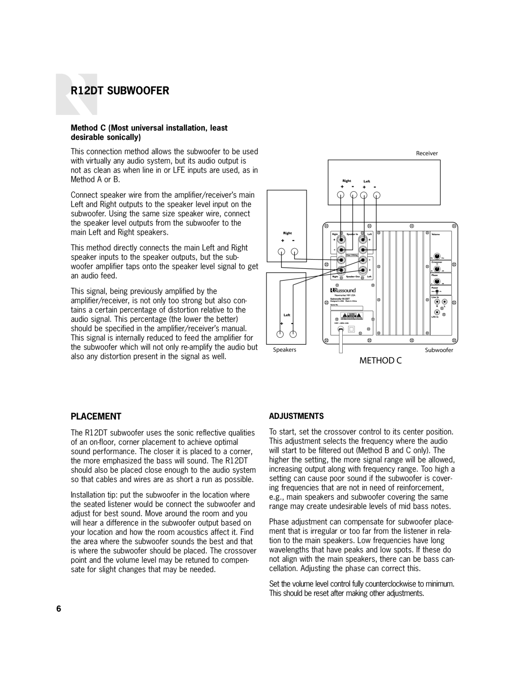 Russound user manual Placement, R12DT SUBWOOFER, Method C 