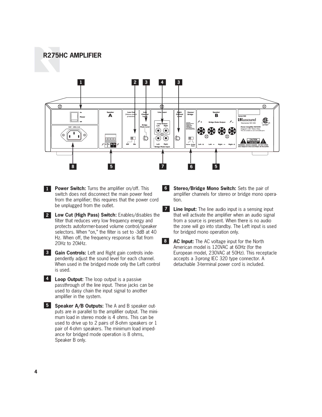 Russound user manual R275HC Amplifier 