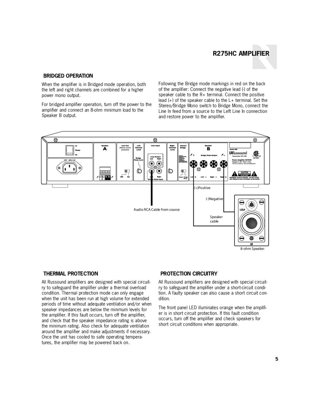 Russound R275HC user manual Bridged Operation, Thermal Protection, Protection Circuitry 