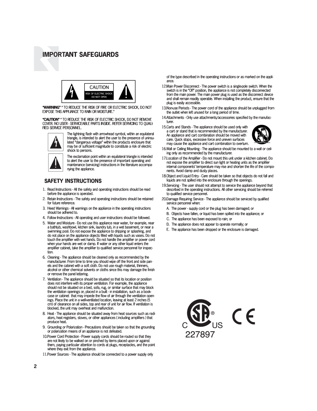 Russound R275HC user manual Important Safeguards, Safety Instructions 