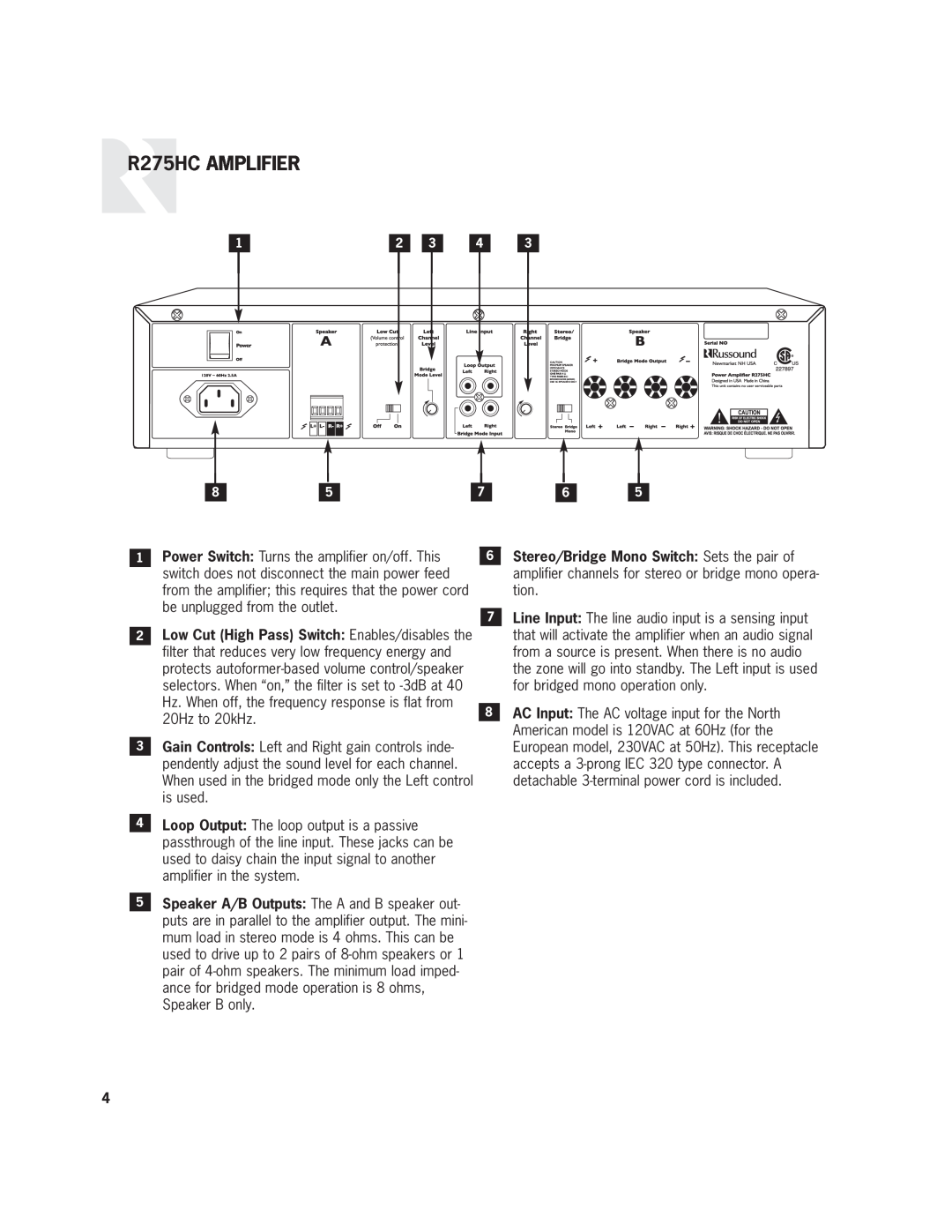 Russound user manual R275HC AMPLIFIER 