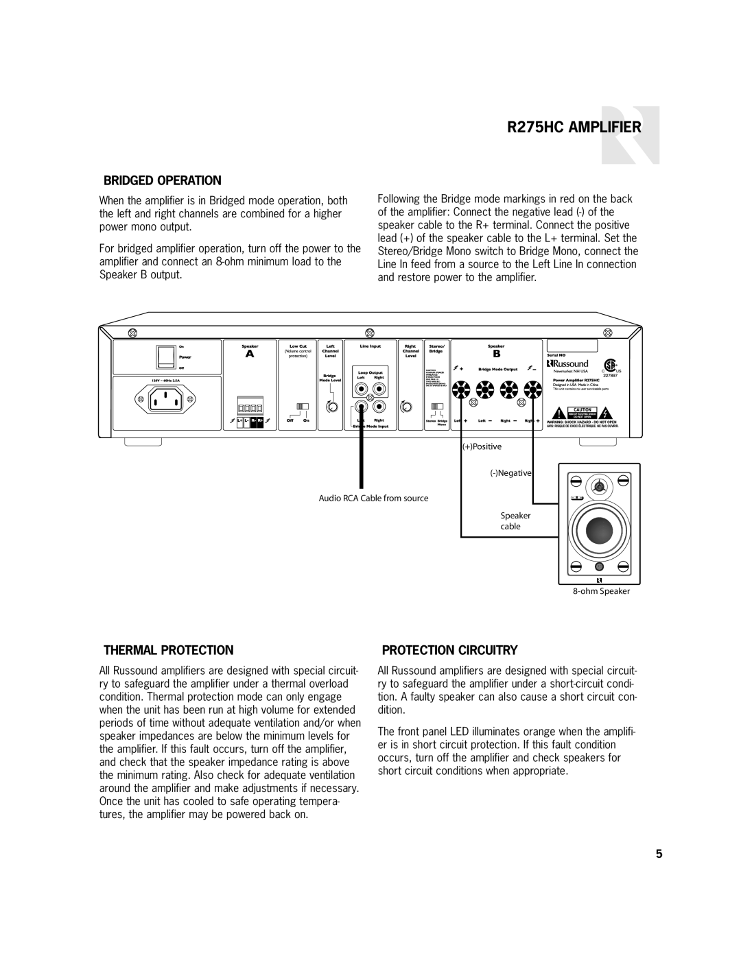 Russound user manual Bridged Operation, Thermal Protection, R275HC AMPLIFIER, Protection Circuitry 