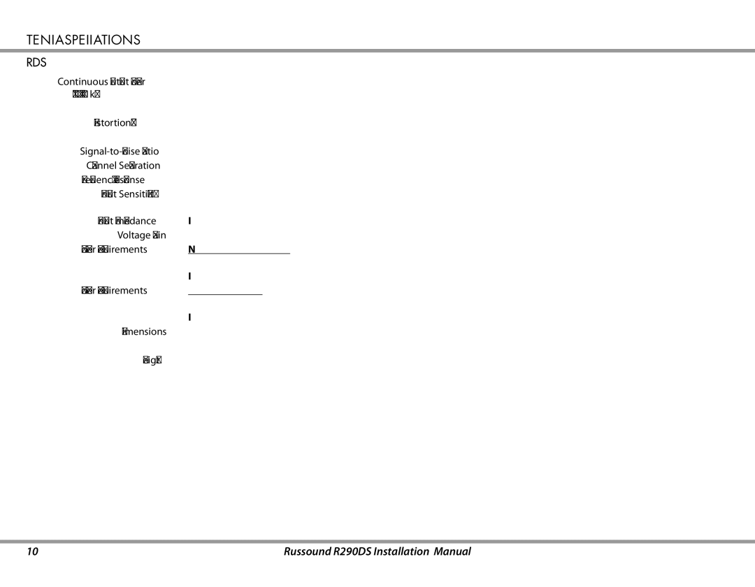 Russound installation manual Technical Specifications, R290DS Amplifier 