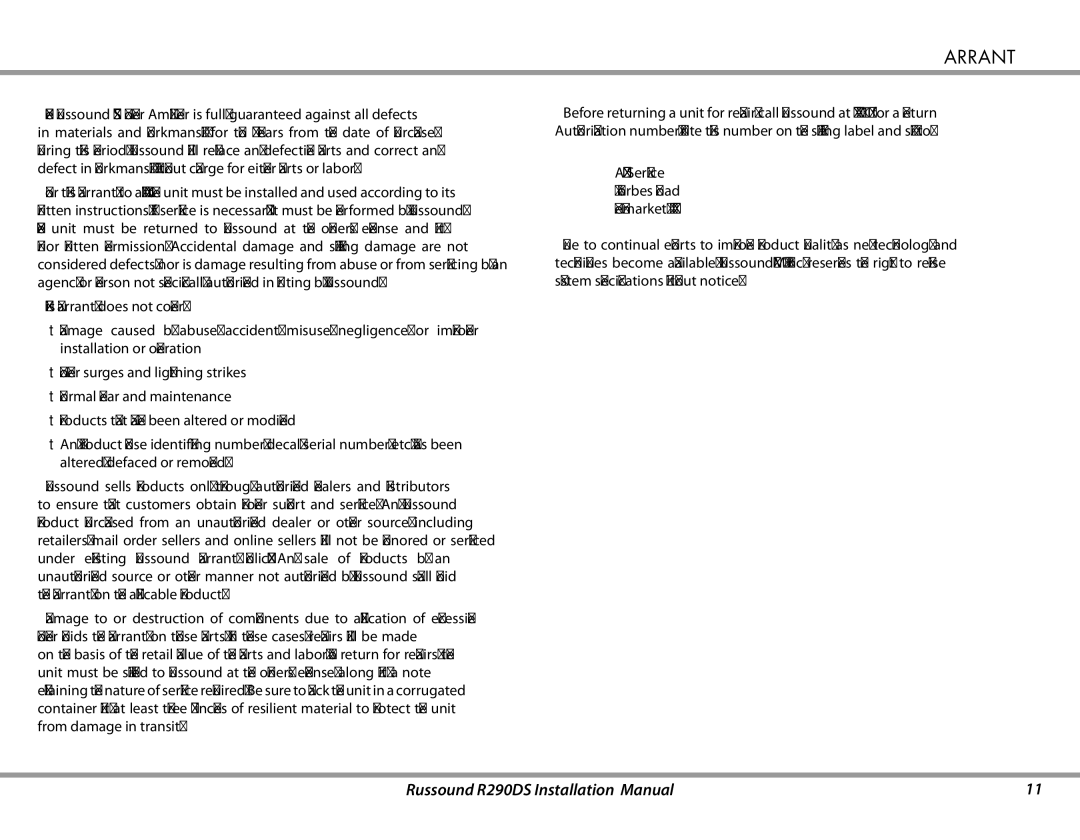 Russound R290DS installation manual Warranty 