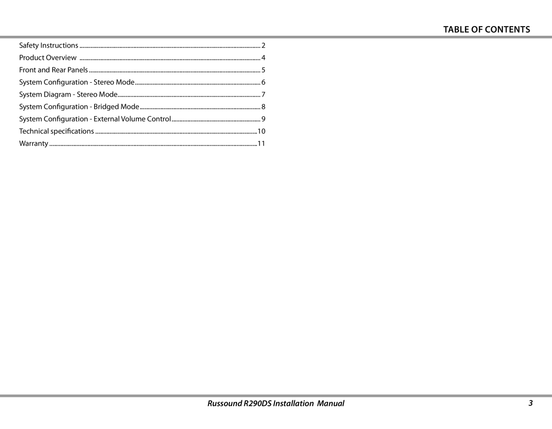 Russound R290DS installation manual Table of Contents 