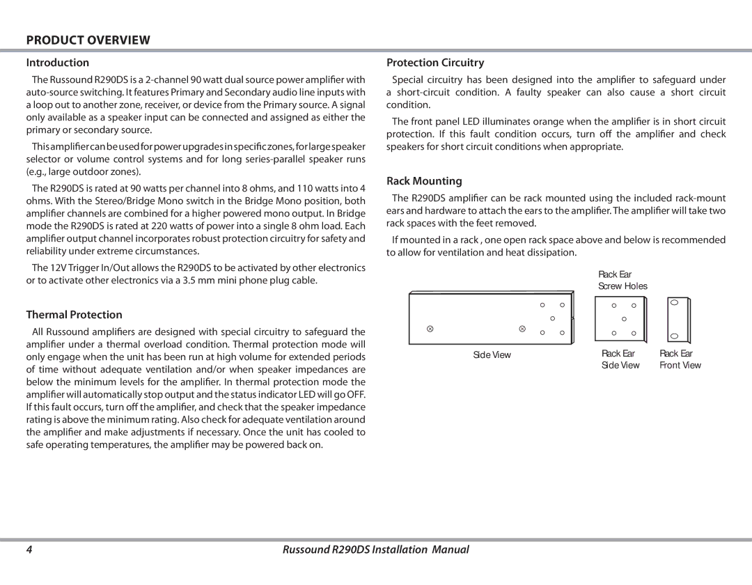 Russound R290DS installation manual Product Overview, Introduction, Protection Circuitry, Rack Mounting, Thermal Protection 