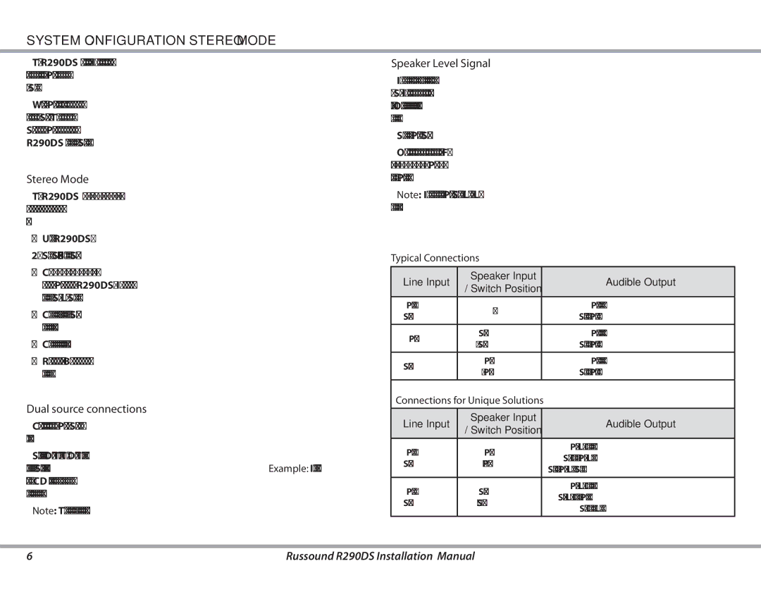 Russound R290DS installation manual System Configuration Stereo Mode, Dual source connections, Speaker Level Signal 