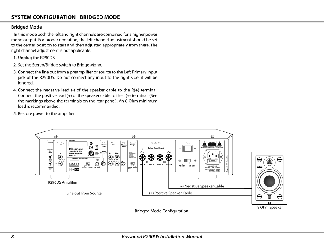 Russound R290DS installation manual System Configuration Bridged Mode 