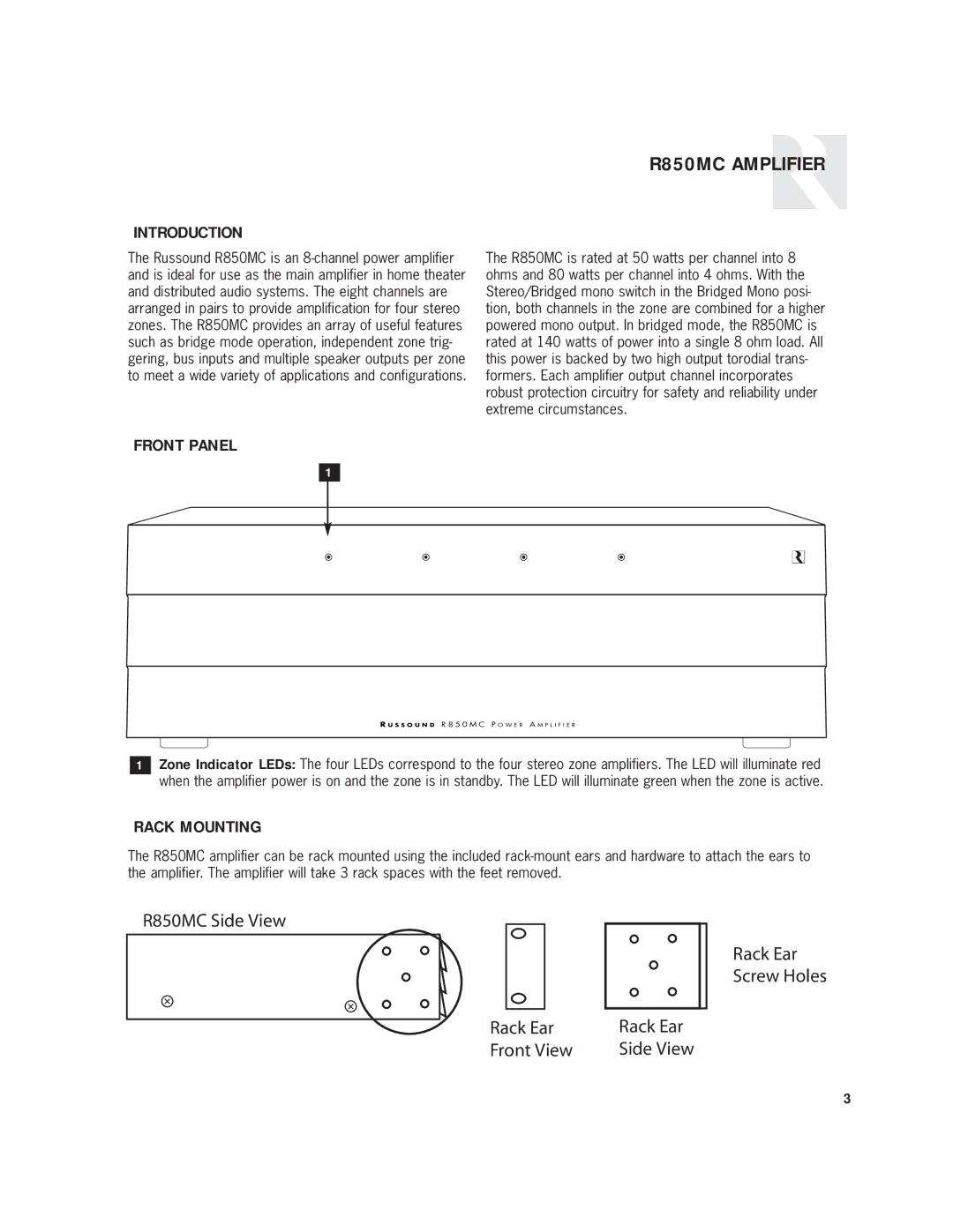 Russound user manual R850MC Amplifier, Introduction, Front Panel, Rack Mounting 