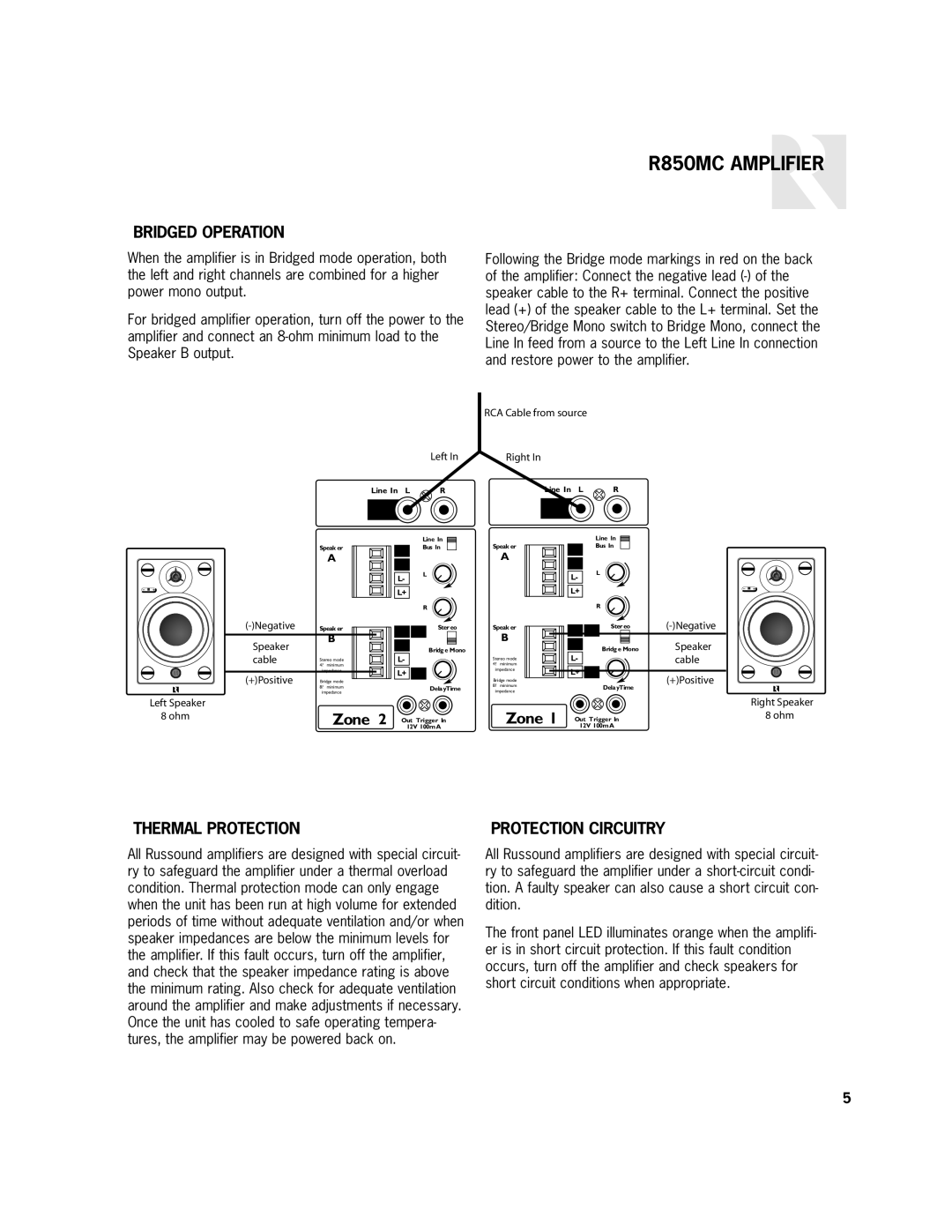 Russound R850MC user manual Bridged Operation, Thermal Protection, Protection Circuitry 