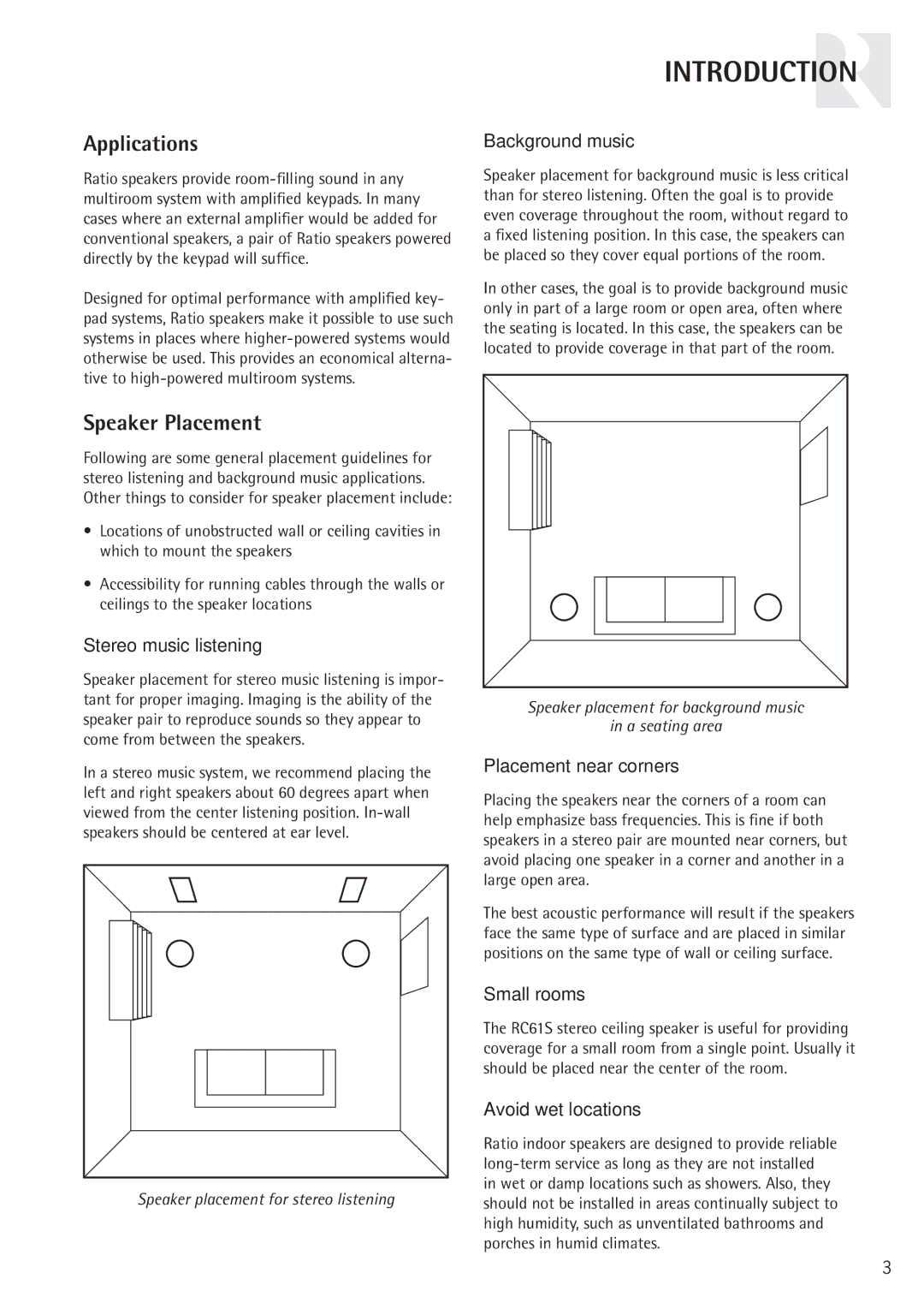 Russound RC61S instruction manual Applications, Speaker Placement 