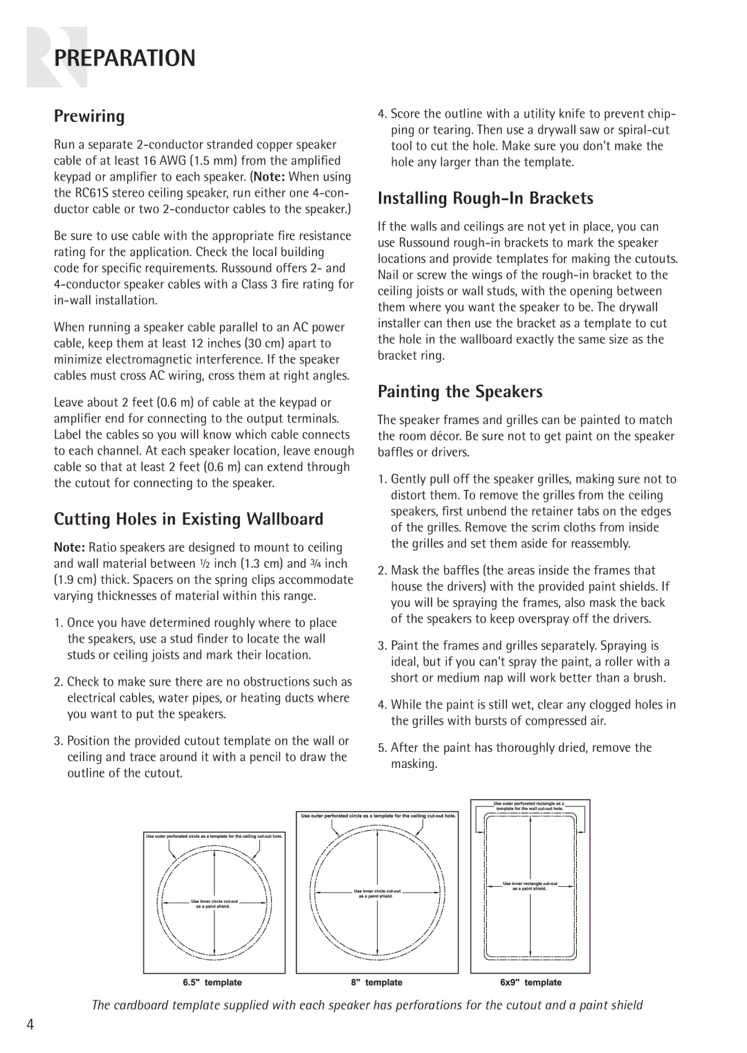 Russound RC61S instruction manual Preparation, Prewiring, Cutting Holes in Existing Wallboard, Installing Rough-In Brackets 