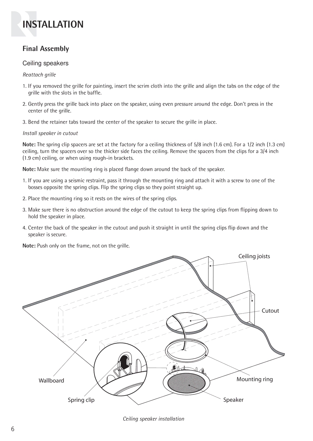 Russound RC61S instruction manual Final Assembly, Ceiling speakers 