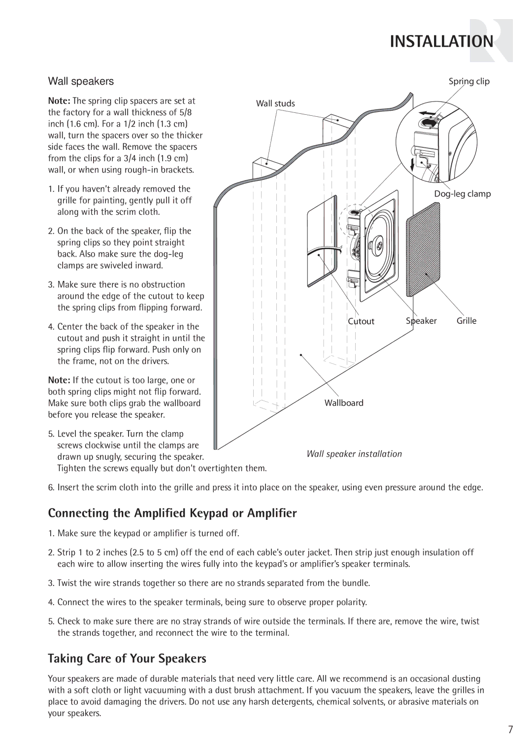 Russound RC61S Connecting the Ampliﬁed Keypad or Ampliﬁer, Taking Care of Your Speakers, Wall speakers 