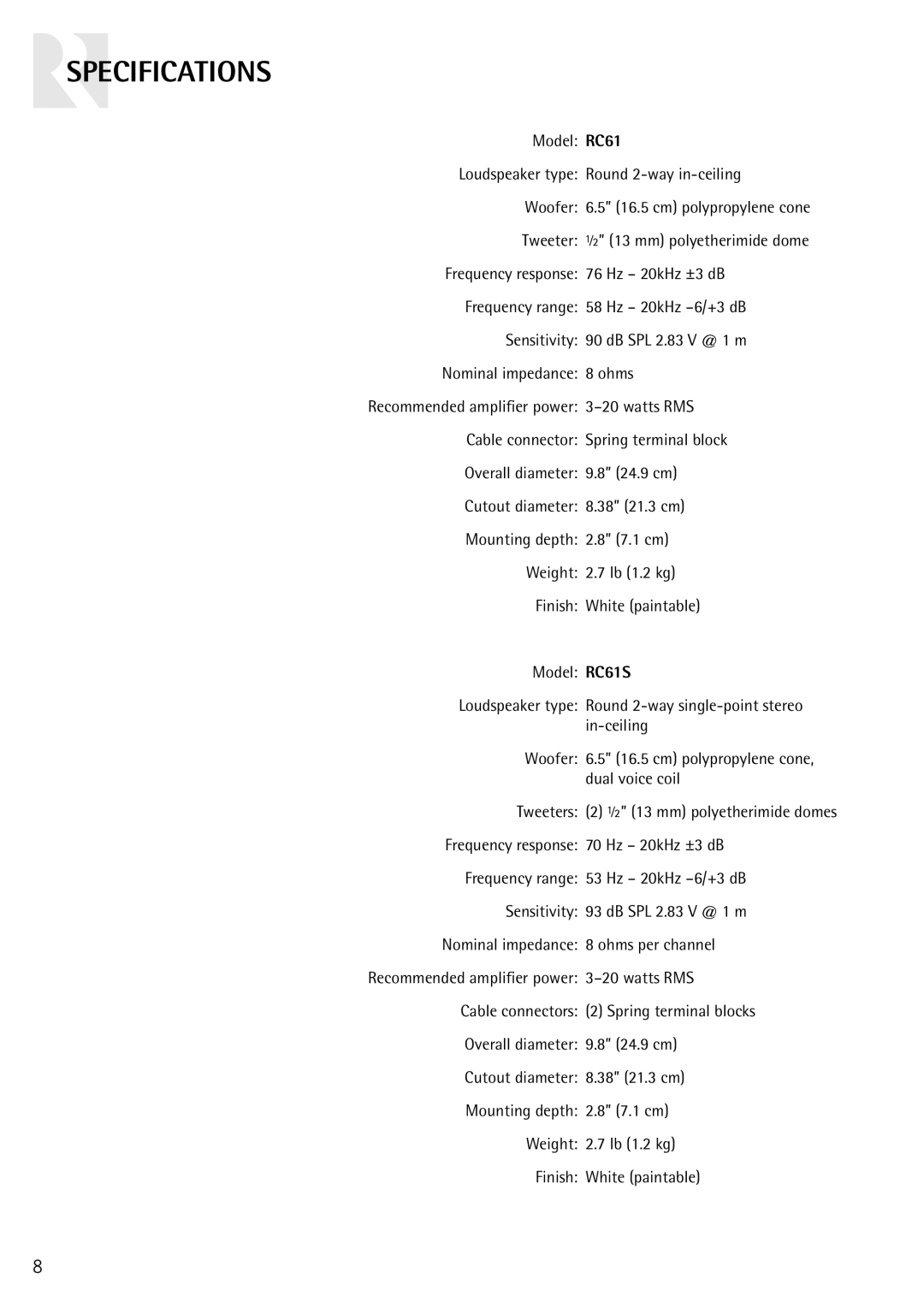 Russound RC61S instruction manual Specifications 