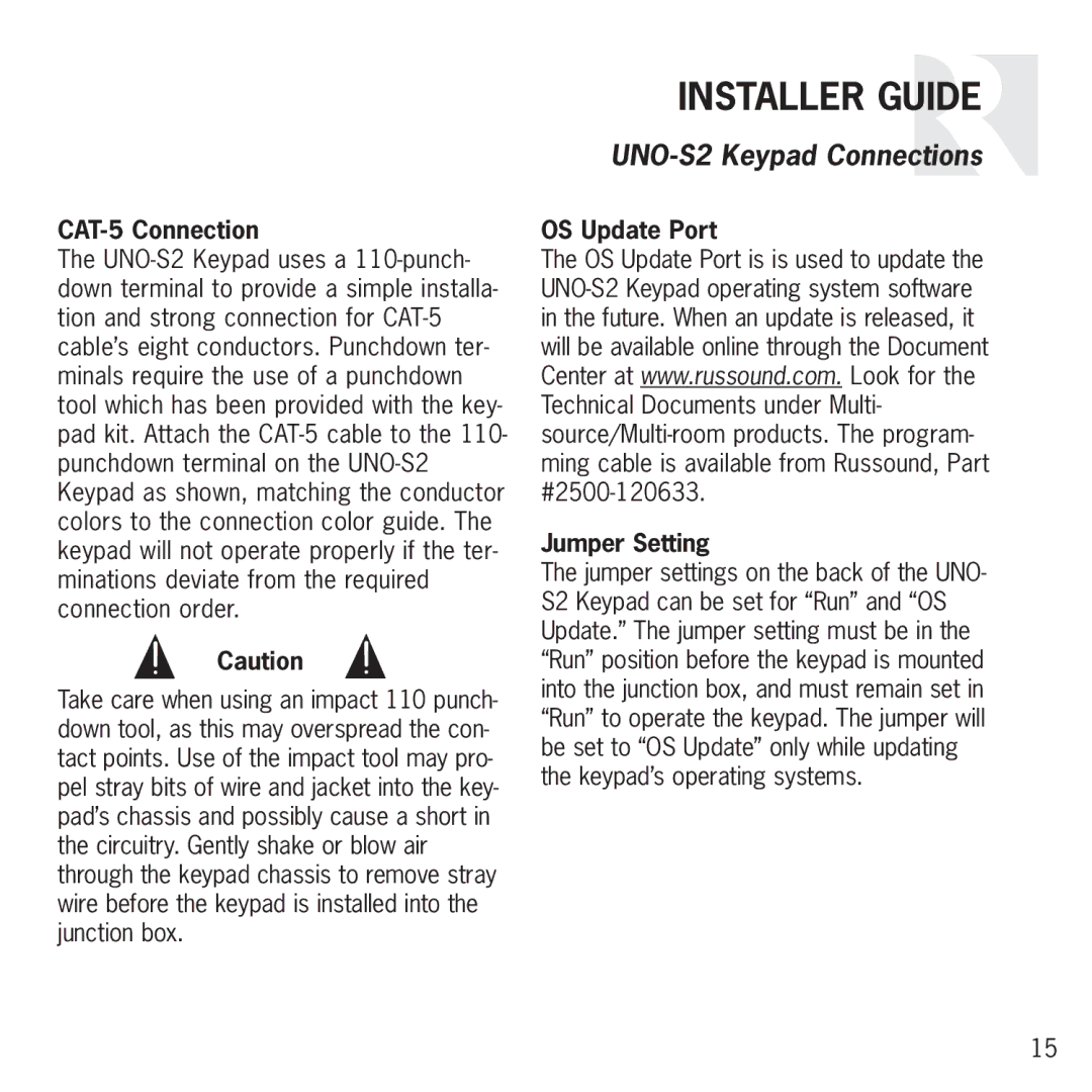 Russound S2 manual CAT-5 Connection, OS Update Port Jumper Setting 