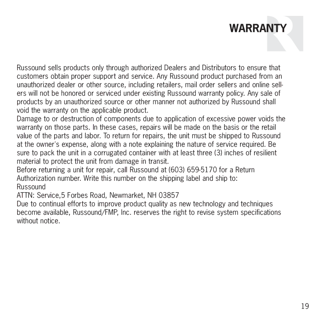 Russound S2 manual Warranty 