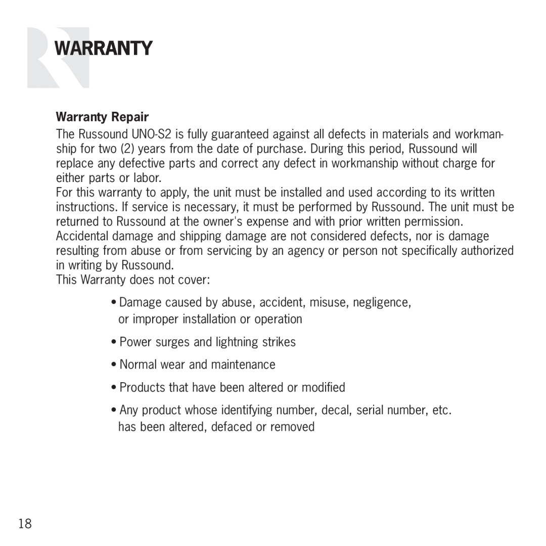 Russound S2 manual Warranty Repair 