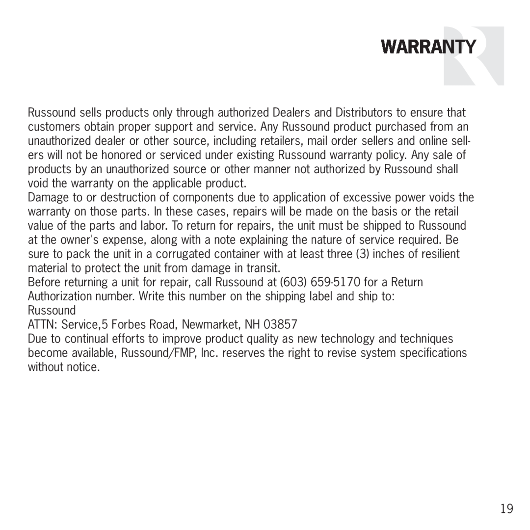 Russound S2 manual Warranty, ATTN Service,5 Forbes Road, Newmarket, NH 