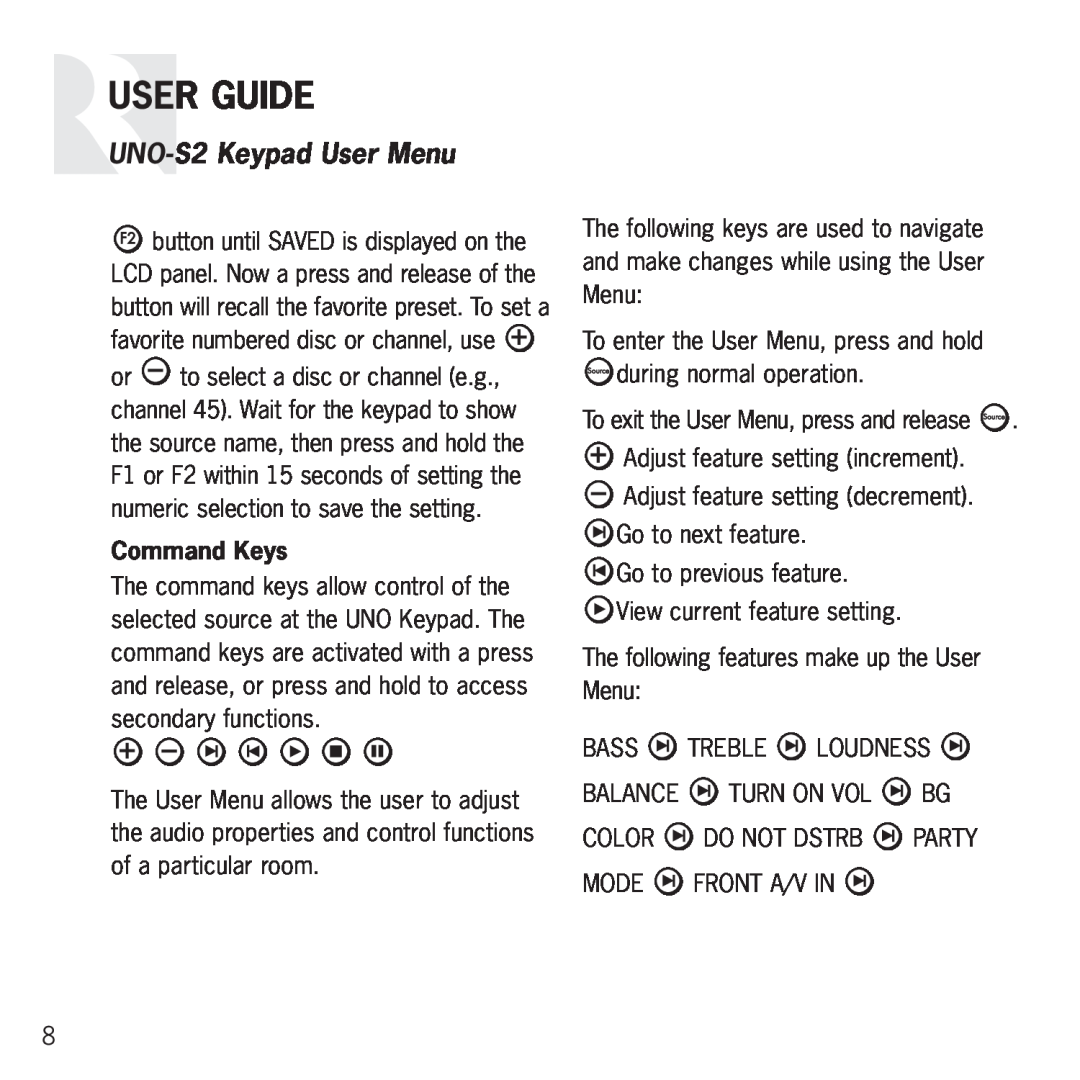 Russound manual Command Keys, User Guide, UNO-S2 Keypad User Menu 