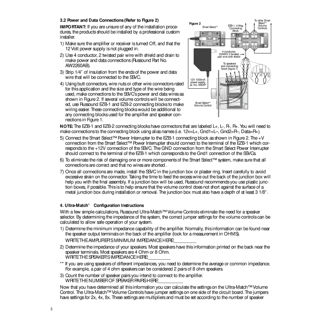 Russound Smart Select Volume Control Power and Data Connections Refer to Figure, Ultra-Match Configuration Instructions 