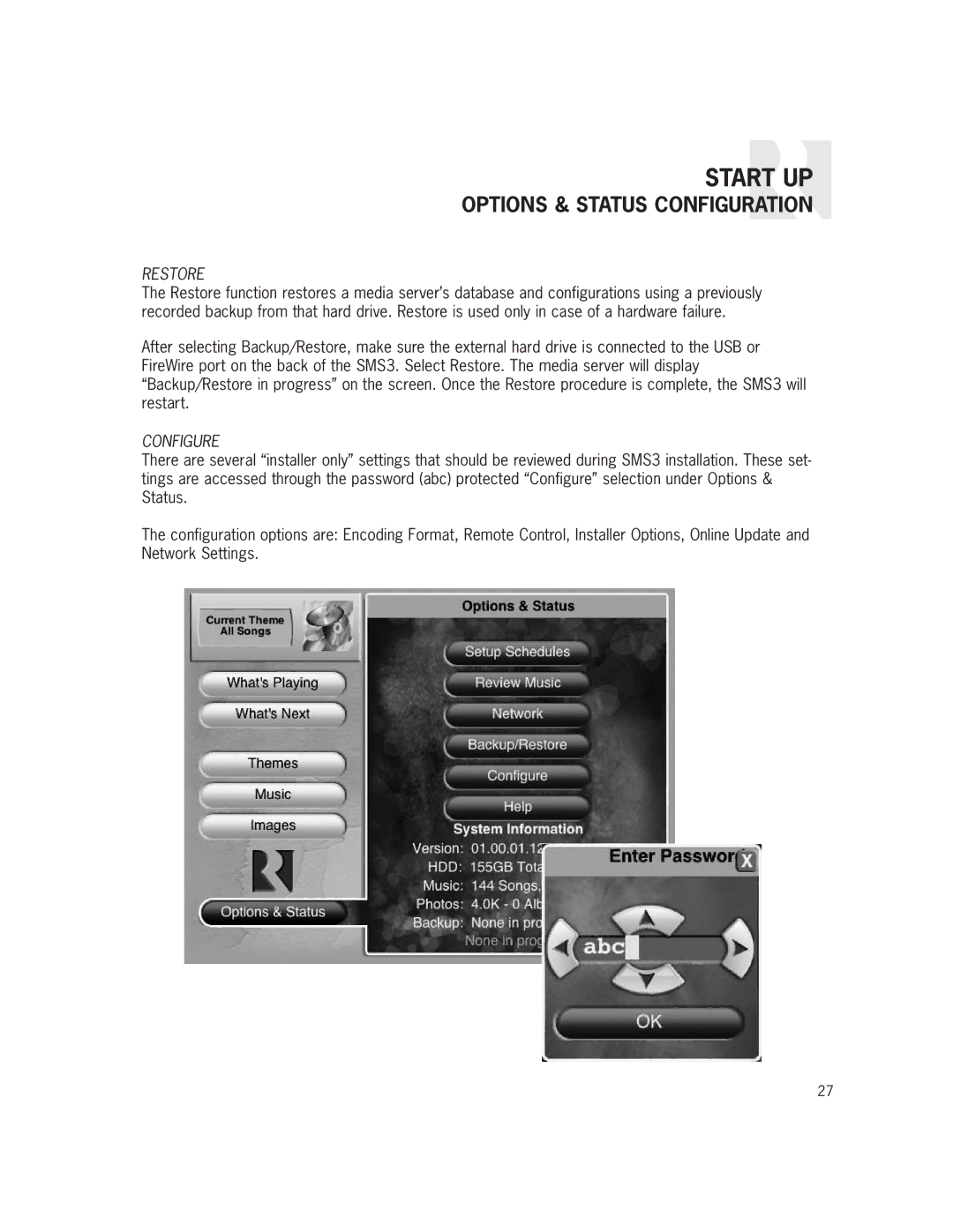 Russound SMS3 manual Restore, Configure 