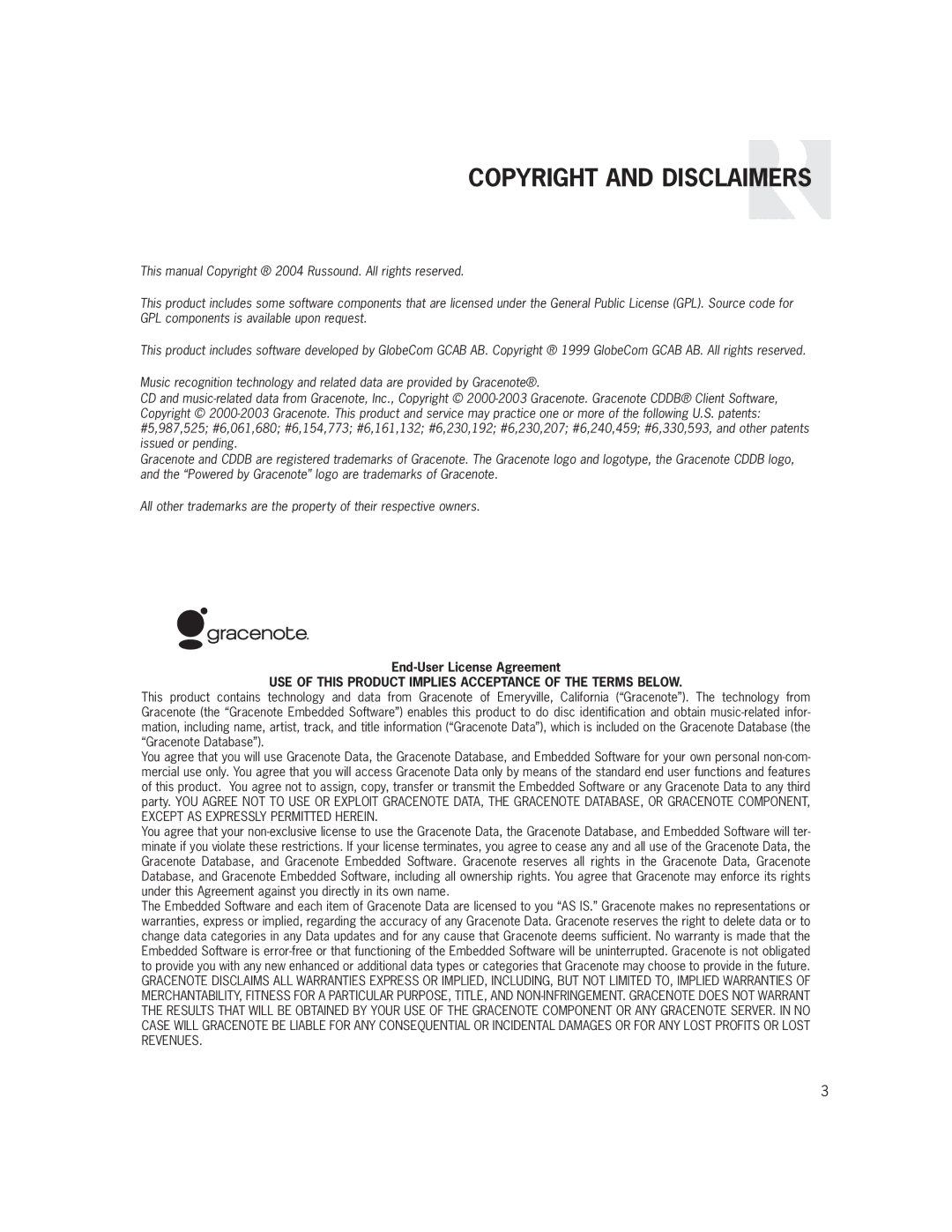 Russound SMS3 manual Copyright and Disclaimers, USE of this Product Implies Acceptance of the Terms below 