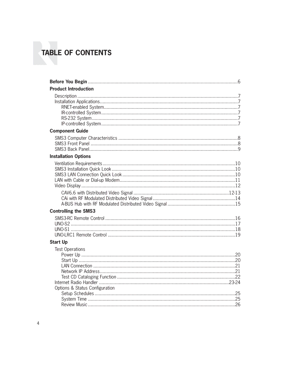 Russound SMS3 manual Table of Contents 