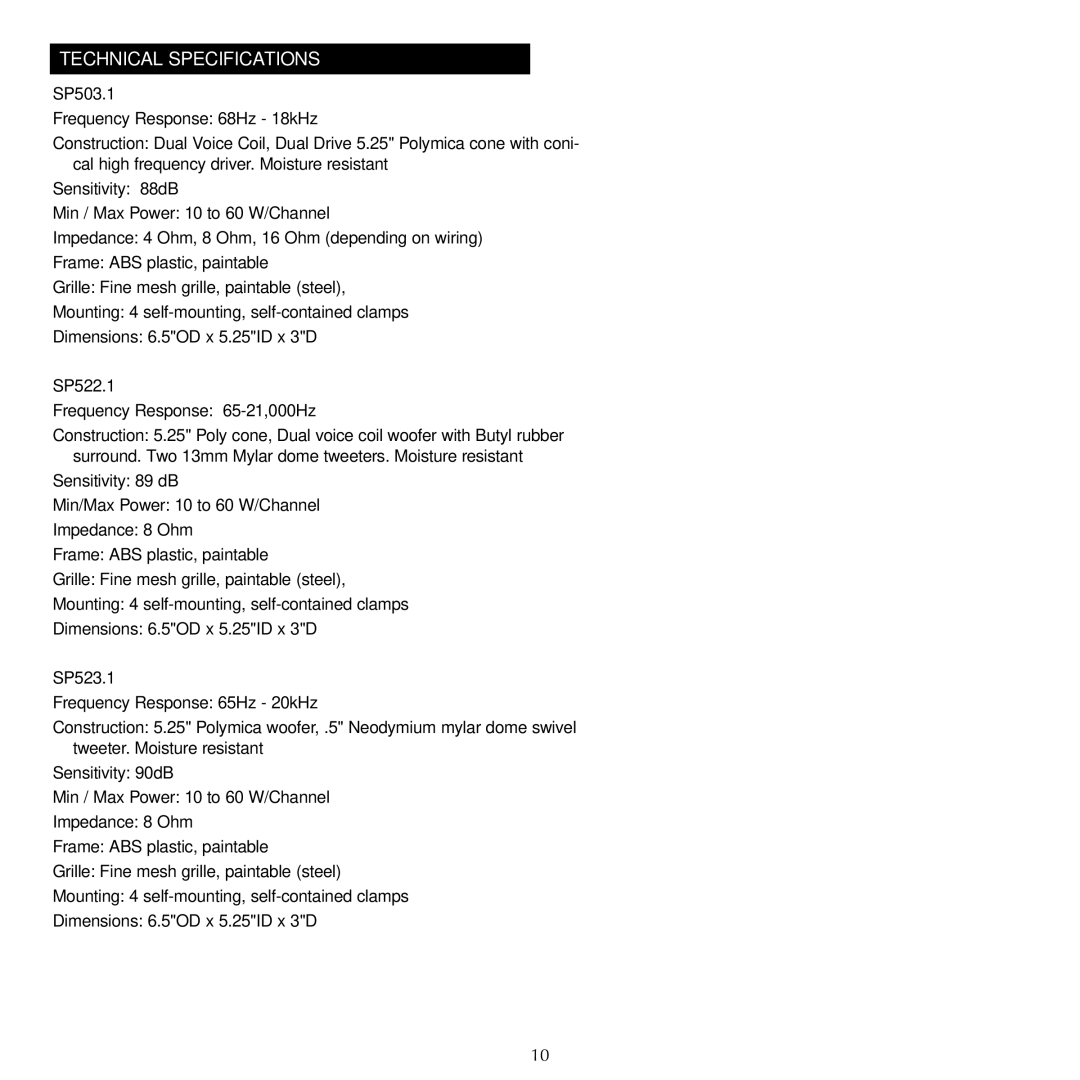 Russound SP522.1 instruction manual Technical Specifications, SP503.1, Frequency Response 65-21,000Hz, SP523.1 