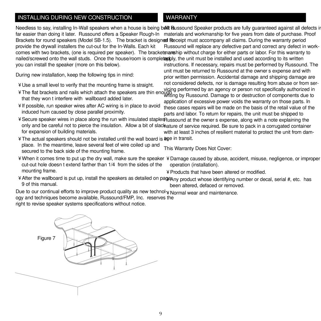 Russound SP523.1, SP522.1, SP503.1 instruction manual Installing During NEW Construction, This Warranty Does Not Cover 