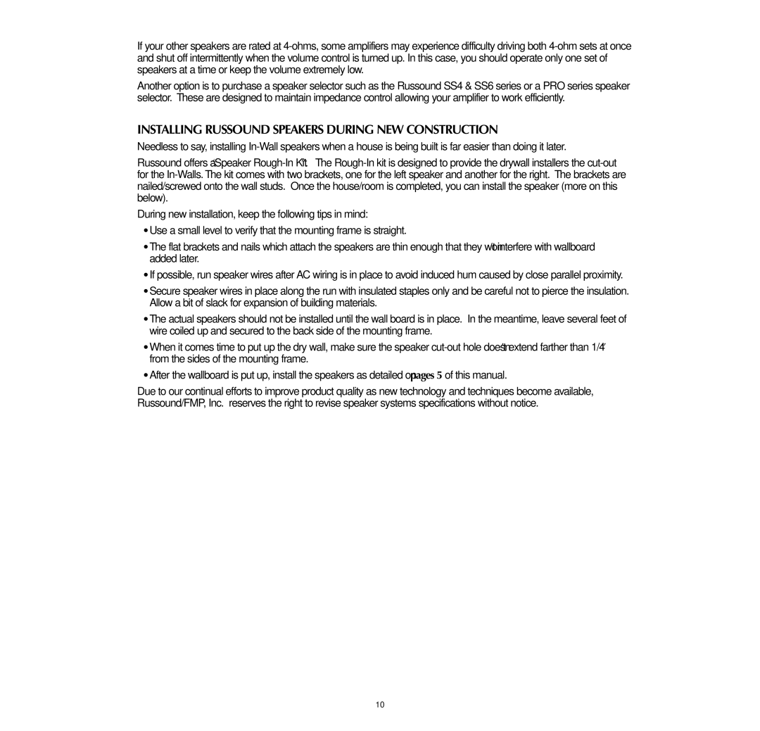 Russound SP550.2, SP650 instruction manual Installing Russound Speakers During NEW Construction 
