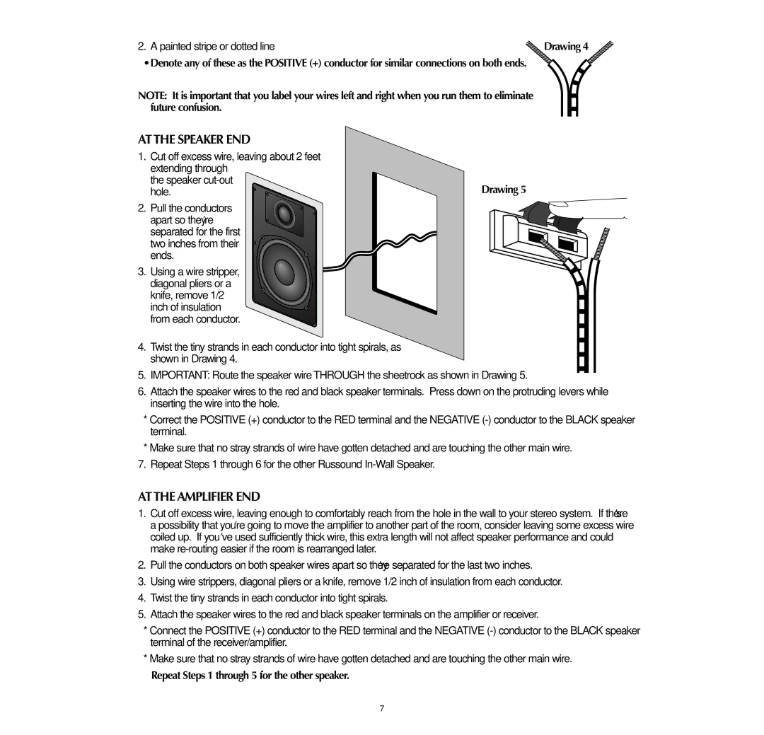 Russound SP650, SP550.2 instruction manual AT the Speaker END, AT the Amplifier END, Painted stripe or dotted line, Hole 