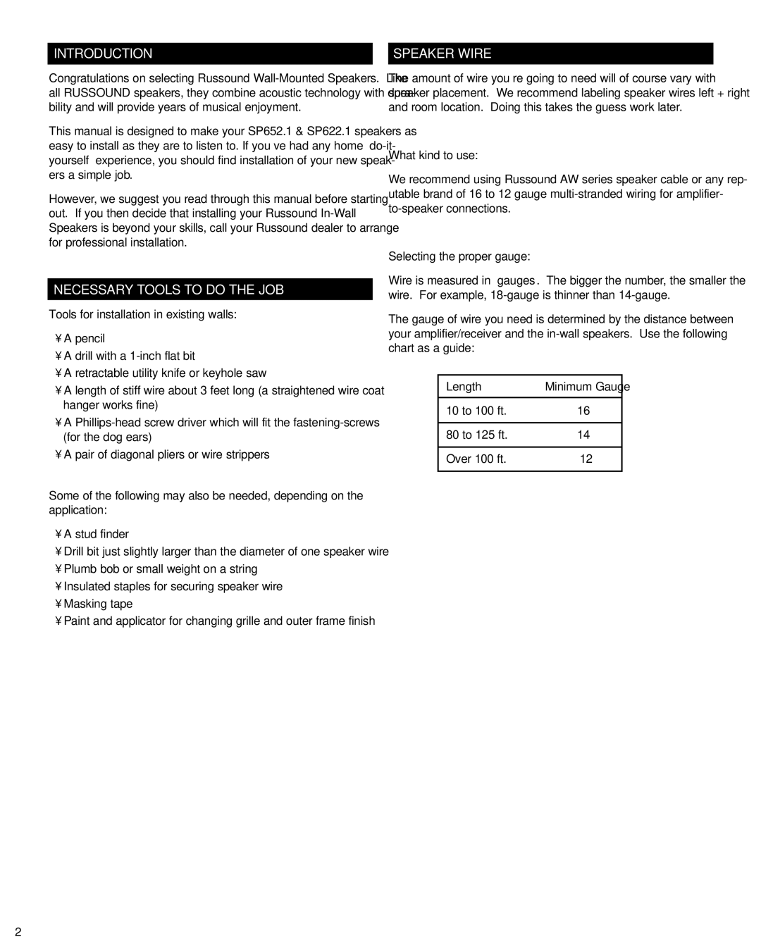 Russound SP622.1, SP652.1 instruction manual Introduction, Necessary Tools to do the JOB, Speaker Wire 