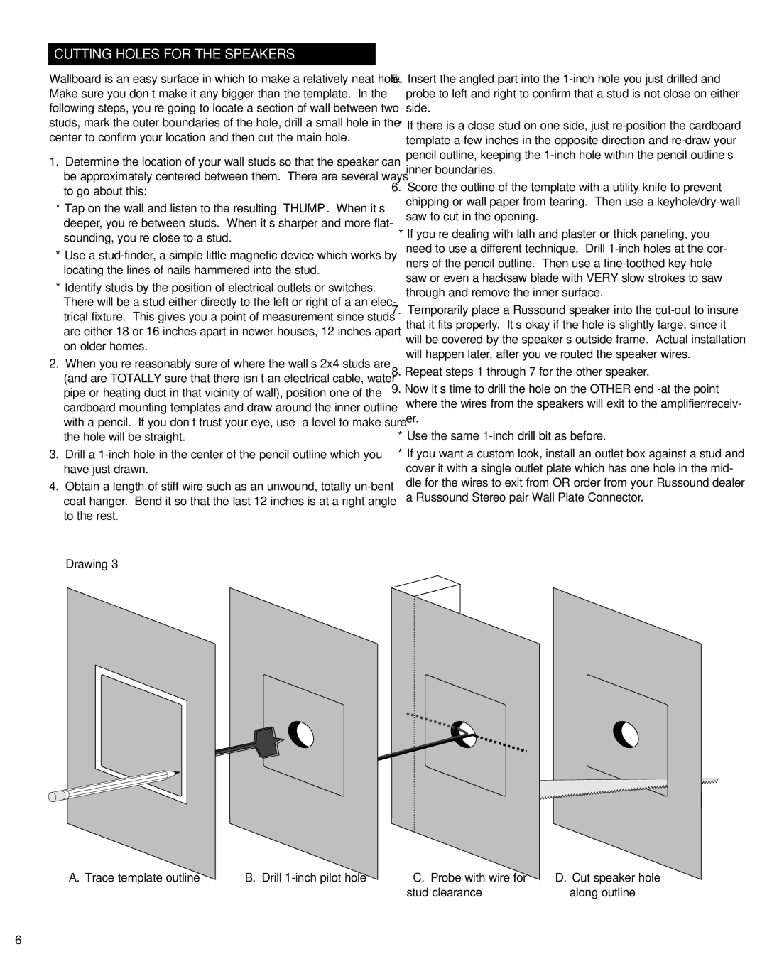 Russound SP622.1, SP652.1 instruction manual Cutting Holes for the Speakers, Drawing 