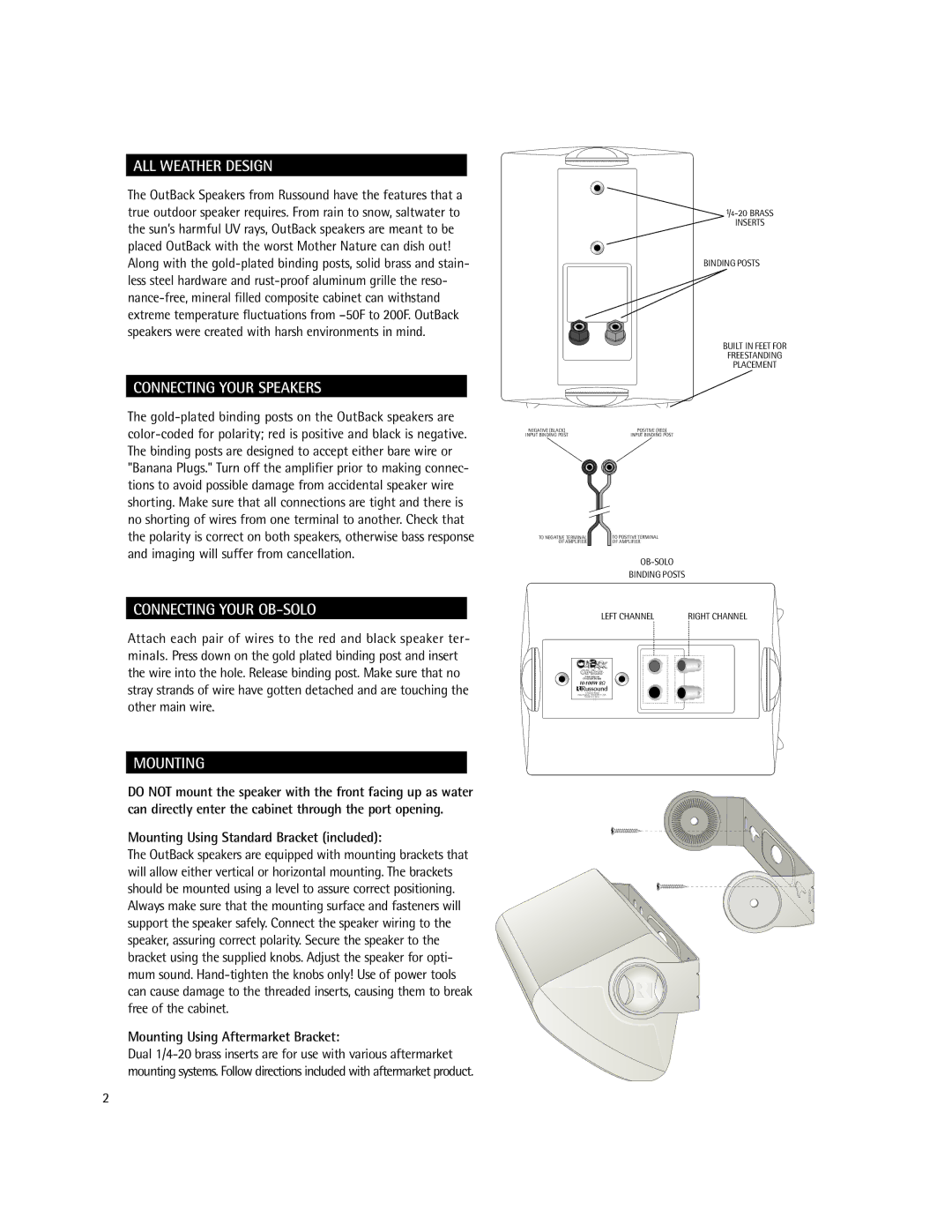 Russound instruction manual ALL Weather Design, Connecting Your Speakers, Connecting Your OB-SOLO, Mounting 