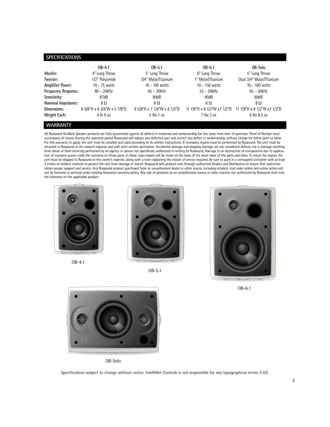 Russound Speakers instruction manual Specifications, Warranty 