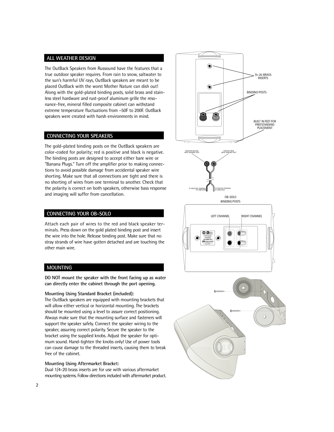 Russound instruction manual All Weather Design, Connecting Your Speakers, Connecting Your Ob-Solo, Mounting 