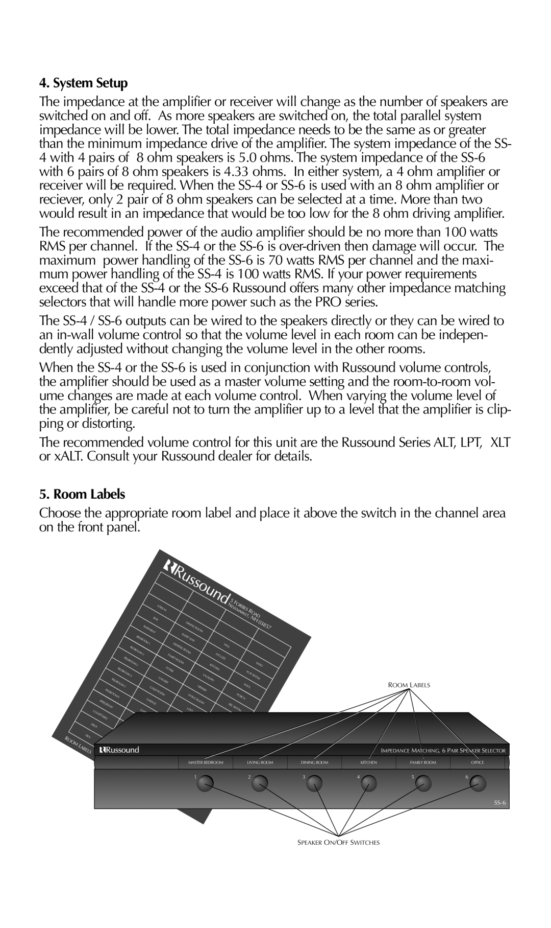 Russound SS-4, SS-6 instruction manual System Setup, Room Labels 