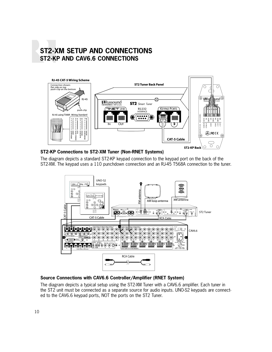 Russound manual ST2-KP and CAV6.6 Connections, ST2-KP Connections to ST2-XM Tuner Non-RNET Systems 