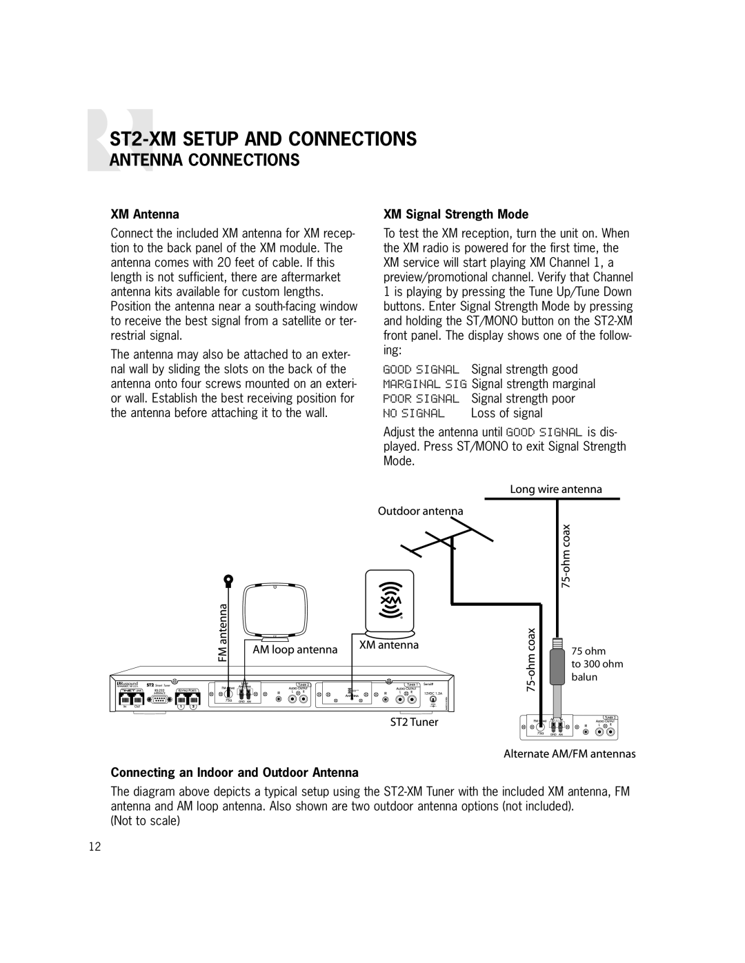 Russound ST2-XM manual Antenna Connections, XM Antenna, XM Signal Strength Mode, Connecting an Indoor and Outdoor Antenna 