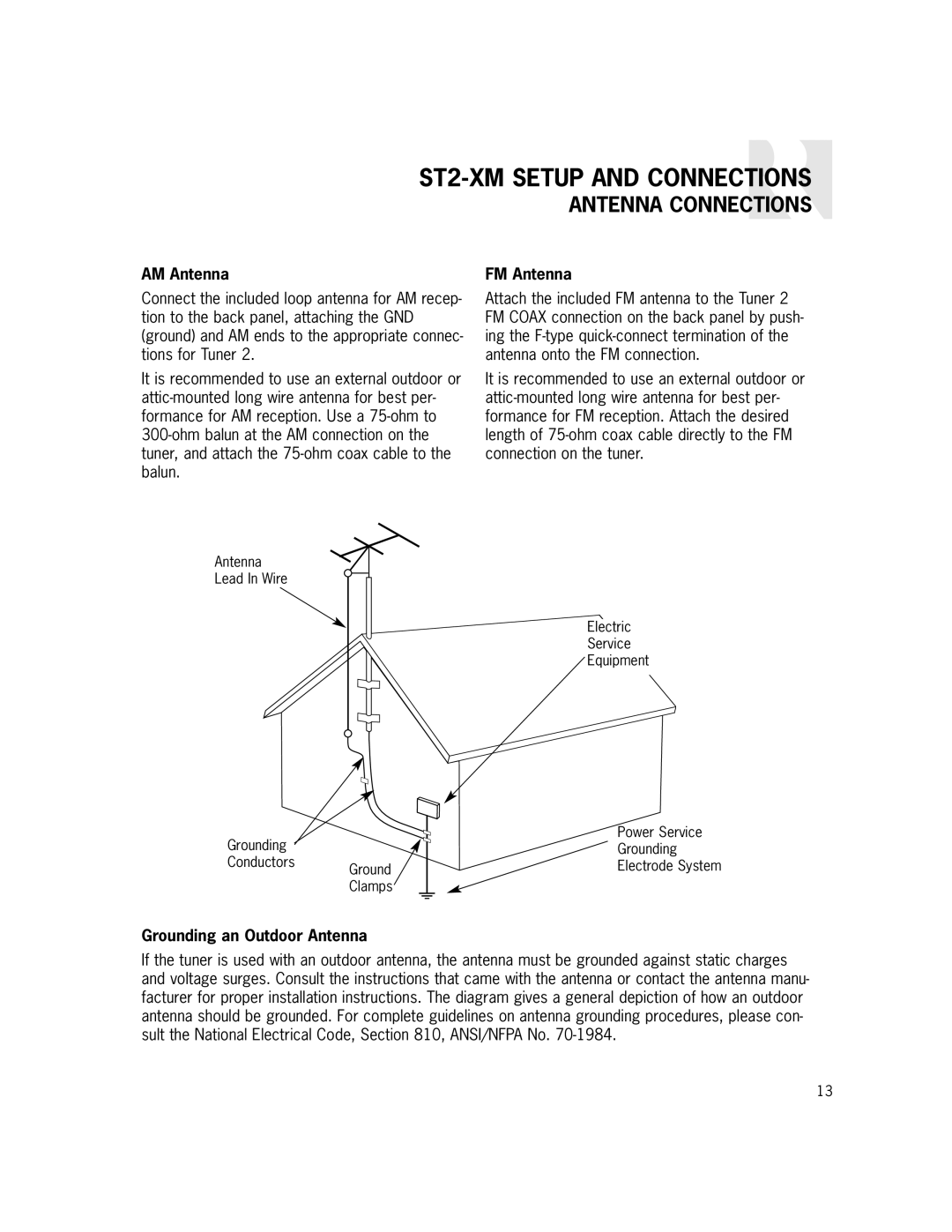 Russound ST2-XM manual AM Antenna, FM Antenna, Grounding an Outdoor Antenna 