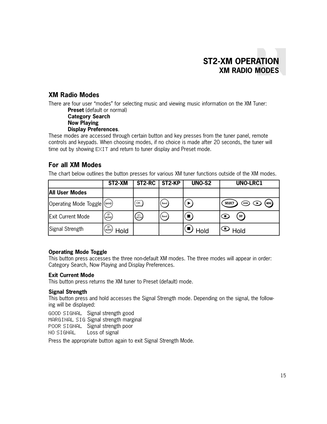 Russound ST2-XM manual XM Radio Modes, For all XM Modes 
