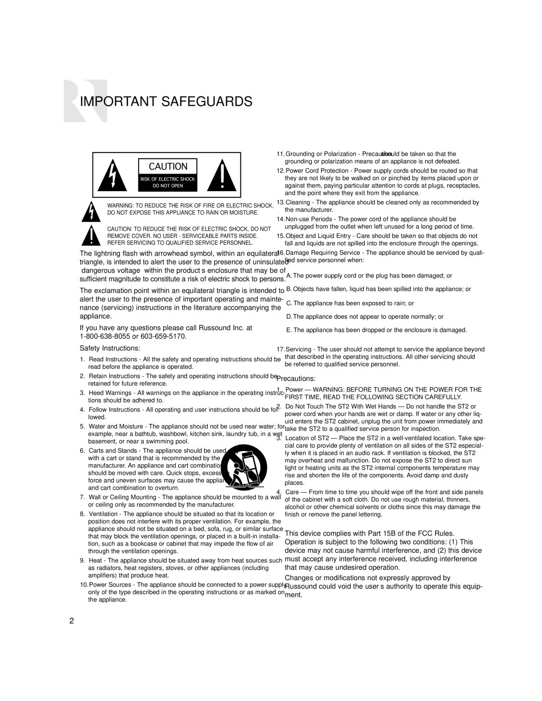 Russound ST2-XM manual Important Safeguards, Safety Instructions 