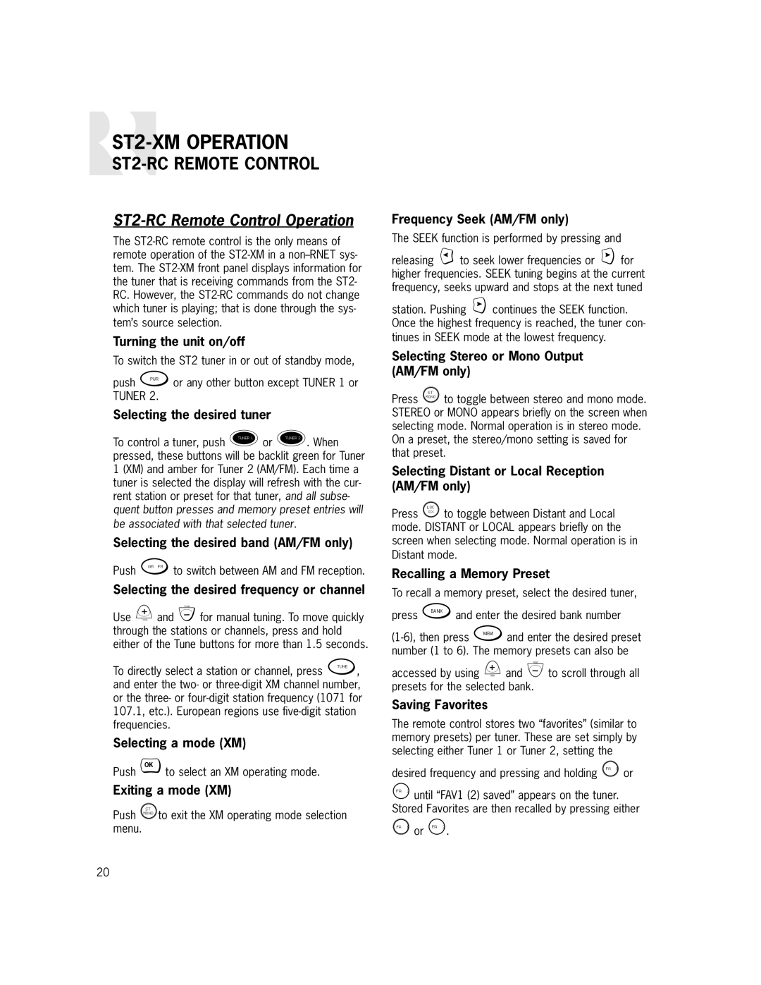 Russound ST2-XM ST2-RC Remote Control Operation, Turning the unit on/off, Frequency Seek AM/FM only, Saving Favorites 