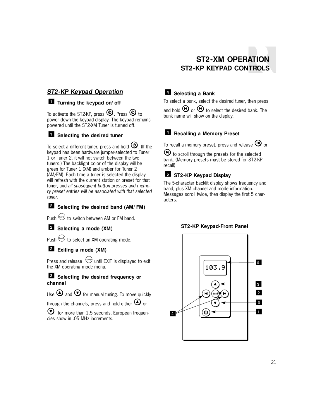 Russound ST2-XM manual ST2-KP Keypad Controls, ST2-KP Keypad Operation 