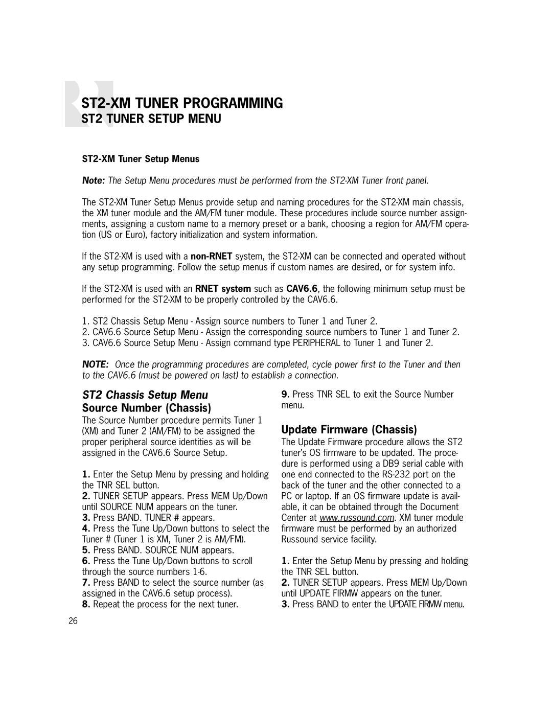 Russound manual ST2-XM Tuner Programming, ST2 Tuner Setup Menu, ST2 Chassis Setup Menu, Source Number Chassis 