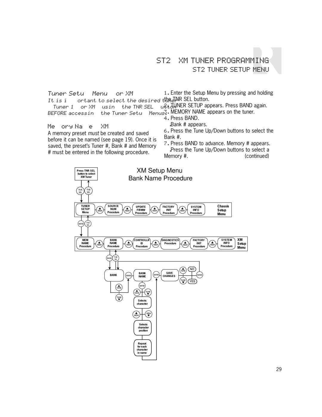 Russound ST2-XM manual Tuner Setup Menu for XM, Memory Name XM, XM Setup Menu Bank Name Procedure 