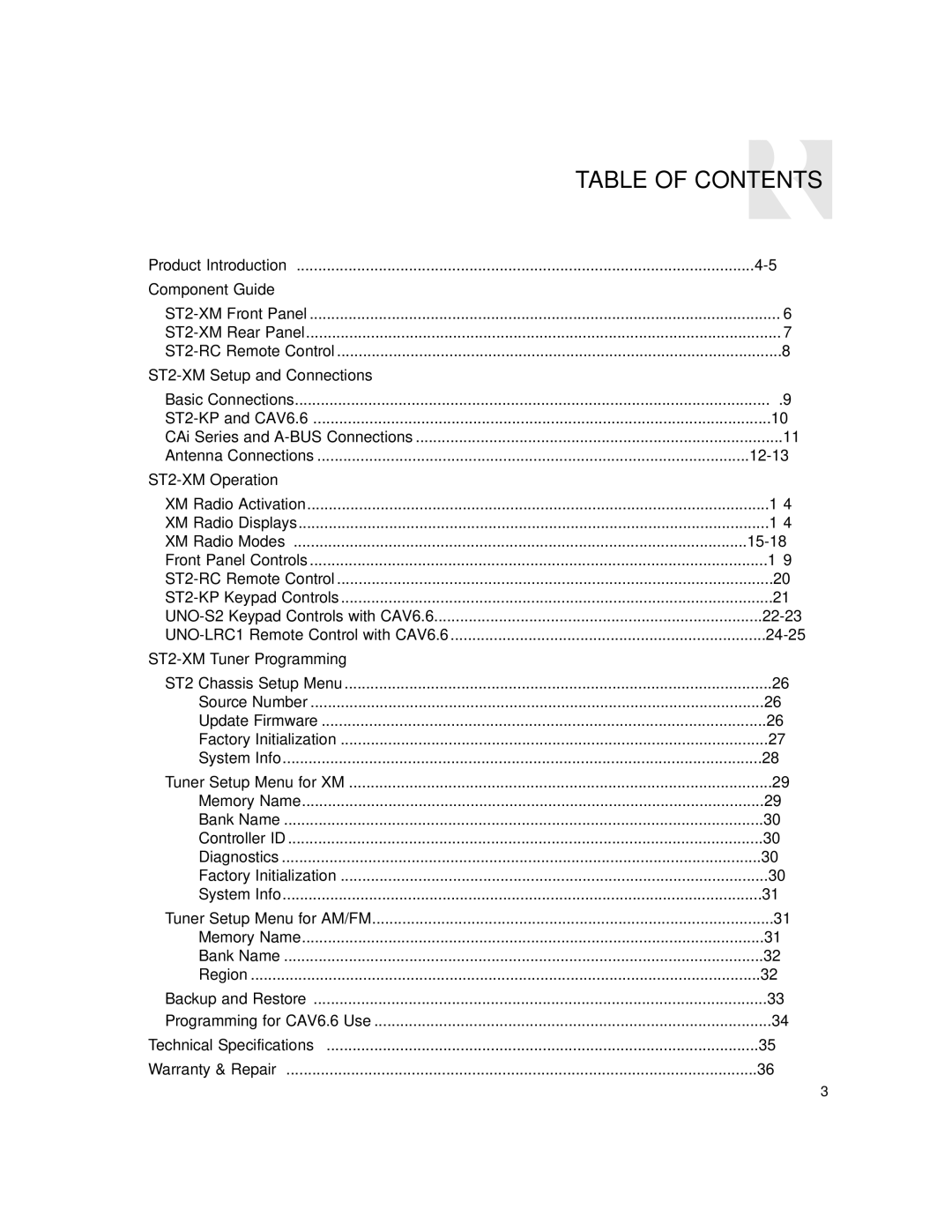 Russound ST2-XM manual Table of Contents 